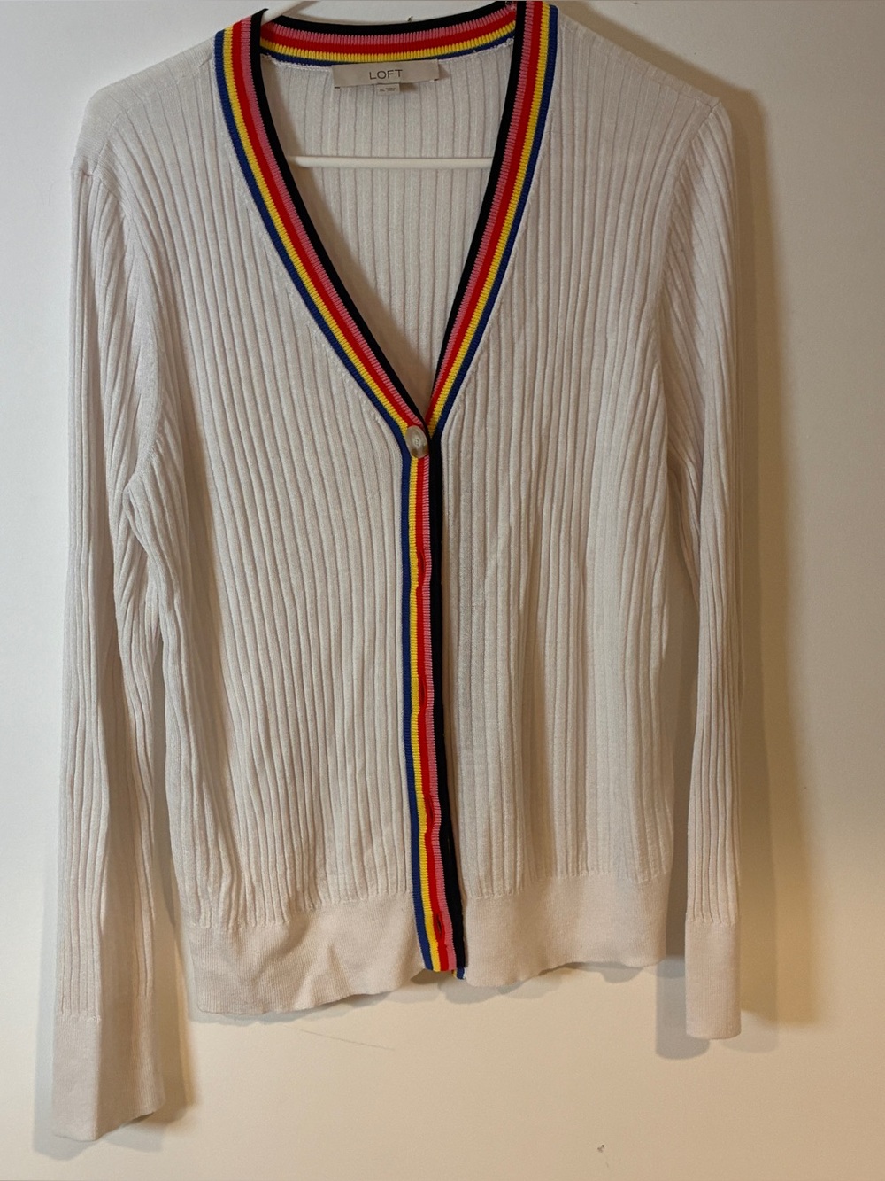Loft white and rainbow disco long sleeve deep V cardigan. Size XL